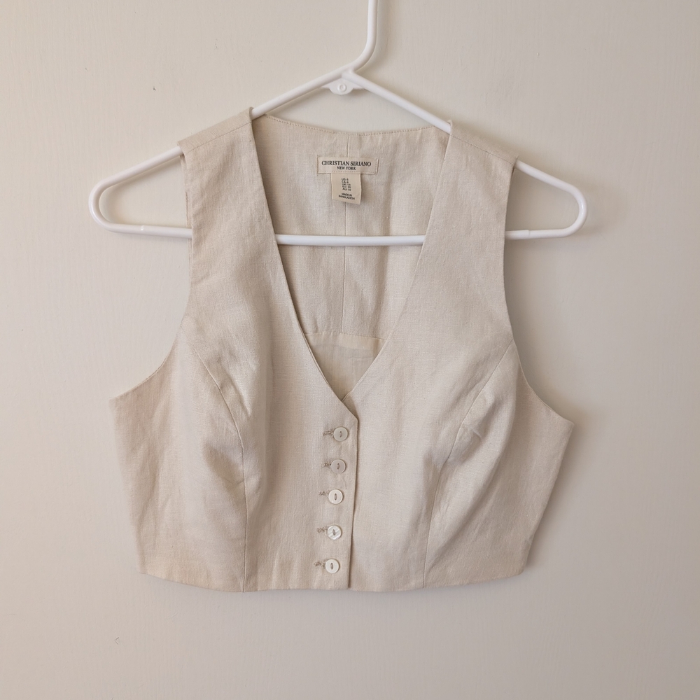 Christian Siriano Womens 6 Linen Blend Sleeveless Cropped Vest Beige Preppy